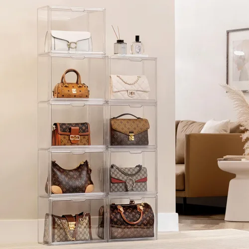 Miniatura 5 de HBlife Paquete de 3 organizadores de almacenamiento de bolsos para armario, caja de exhibición mediana transparente apilable con puerta magnética