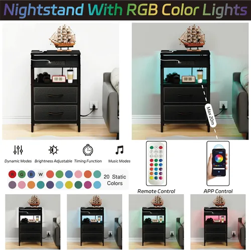 Miniatura 5 de SZLHANJZ Mesa auxiliar con luz, mesita de noche LED con 2 cajones y estación de carga tipo C, mesita de noche de tela pequeña para mesita de noche