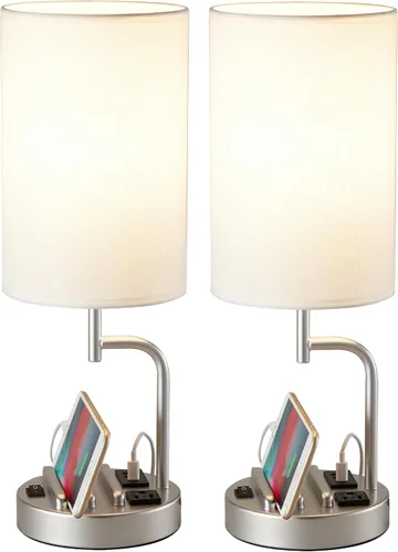 Miniatura 8 de Dreamholder - 2 lámparas de mesa con 3 puertos de carga USB, moderna lámpara de escritorio con toma de corriente alterna y soportes para teléfono