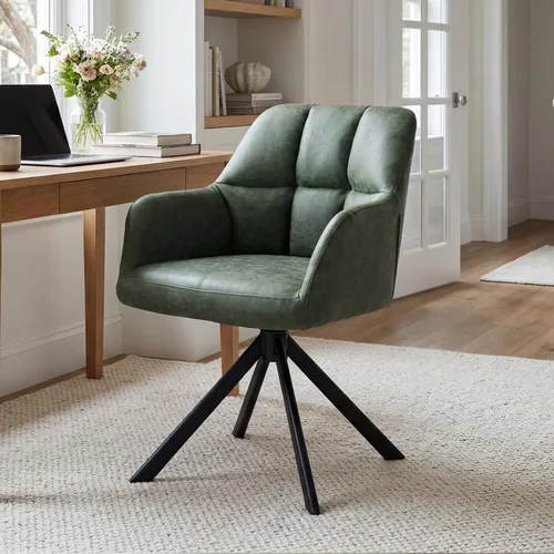 EALSON Cómoda silla de escritorio de cuero, moderna silla de trabajo para computadora, sin ruedas, silla giratoria con brazo de respaldo medio para