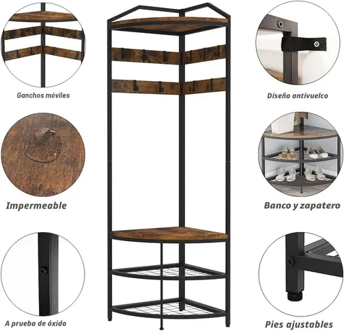 Miniatura 6 de GiftGo Árbol de pasillo de esquina con banco para zapatos, perchero de entrada con 10 ganchos móviles de metal, estante para zapatos y organizador
