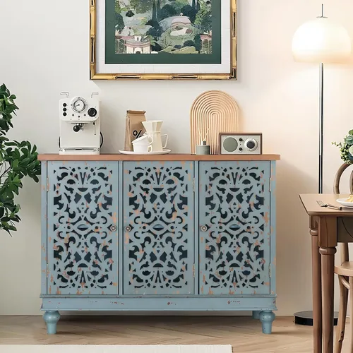 Miniatura 13 de PHI VILLA Gabinete de Acento Blanco con Puertas, Aparador Buffet Estilo Granja con Gabinetes Pequeños Tallados Calados