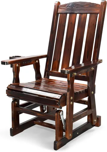 Miniatura 13 de VINGLI Planeador de madera para patio, resistente de 600 libras para exteriores con portavasos, banco de madera individual con respaldo alto