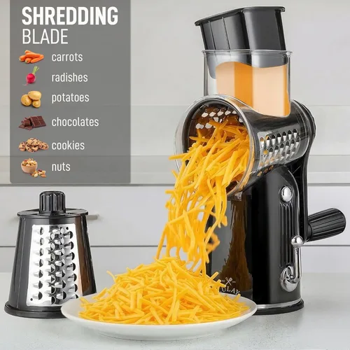 Miniatura 3 de Zulay Kitchen Rallador rotativo de queso de 5 cuchillas, rallador de queso manual de manivela con succión reforzada y 5 tambores intercambiables