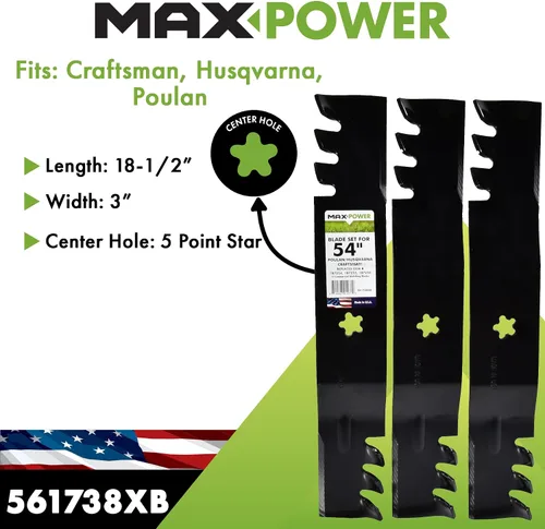 Miniatura 2 de MaxPower 561738XB Juego de mantillo comercial de 3 cuchillas para artesano de corte de 54 pulgadas, Husqvarna, Poulan 187254, 187255, 187256
