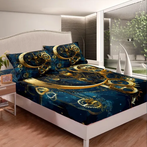 Miniatura 2 de Manfei Gears - Sábana bajera ajustable tamaño individual, funda de cama dorada con 1 funda de almohada, estilo steampunk, 2 piezas para decoración