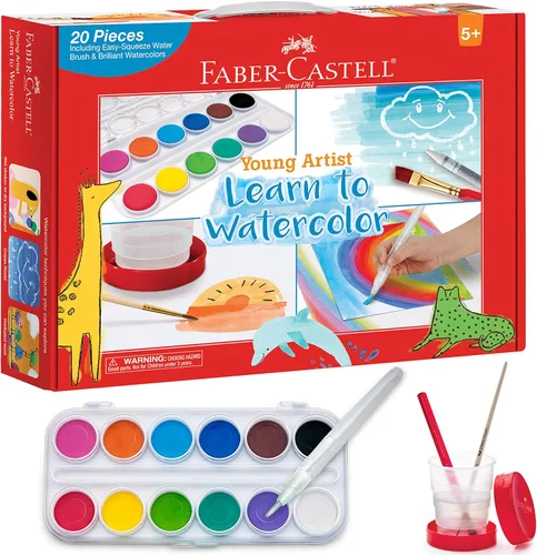 Faber-Castell Young Artist Learn to Watercolor - Juego de pintura de acuarela para niños a partir de 5 años, apto para niños y lavable (el embalaje