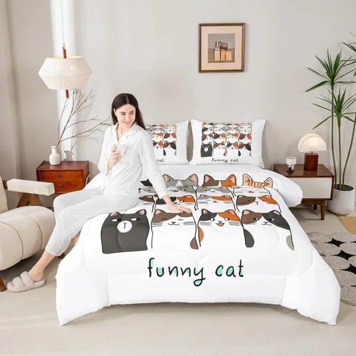 Miniatura 25 de Erosebridal Juego de ropa de cama para niños, tamaño individual, diseño de gatos de dibujos animados, para niñas, niños y adolescentes, edredón