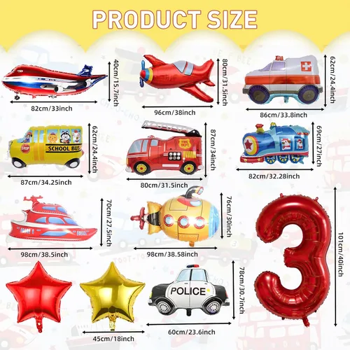 Miniatura 2 de 12 globos de transporte, camión, avión, autobús escolar, camión de bomberos, coche de policía, barco, ambulancia, submarino, globo de papel