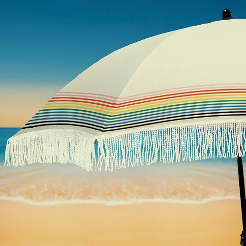 Miniatura 22 de Sombrilla de playa para arena, resistente al viento, con bolsa de anclaje de arena, portátil, flecos, bolsa de mezclilla, cuenta con parte inferior