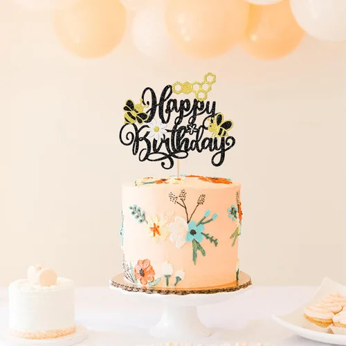 Miniatura 5 de 1 decoración para pastel de cumpleaños con purpurina de panal de abeja y flores, selección de pastel de feliz día para baby shower, suministros