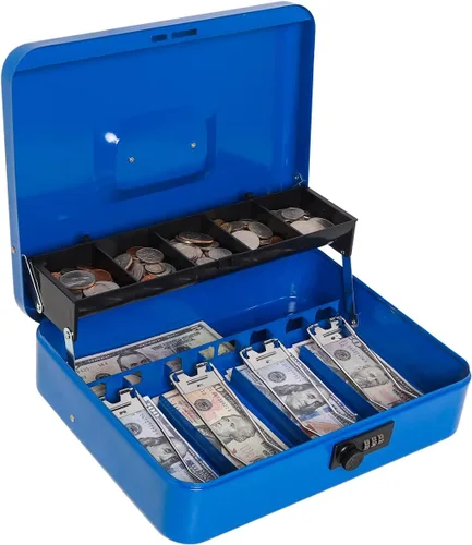 Decaller Caja grande en voladizo con cerradura de combinación, caja de dinero de metal con 5 compartimentos para monedas y 4 clips para billetes