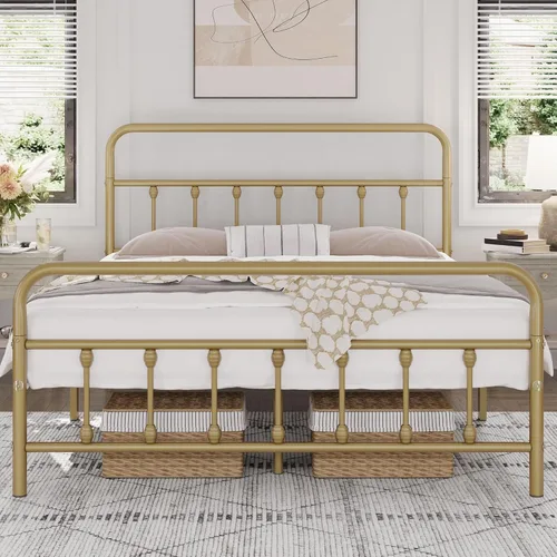 Miniatura 27 de Yaheetech Base de cama clásica de metal con base de colchón con estilo victoriano, cabecera, estribo, almacenamiento debajo de la cama, no necesita