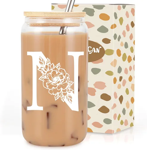 Taza de Vidrio Inicial Coolife, Regalos Personalizados para Mujeres, Tazas de Vidrio de 16 oz con Tapas y Popotes, Vaso de Café Helado, Licuado,