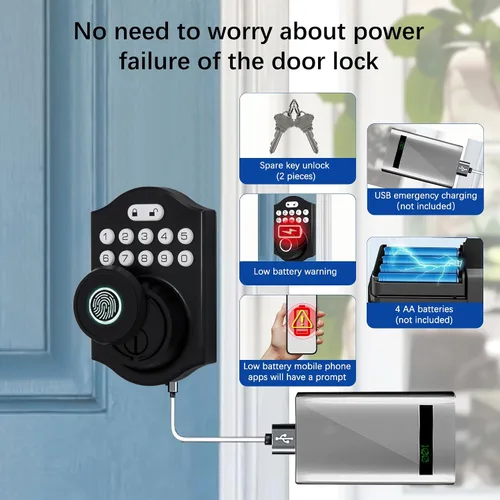 Miniatura 6 de Cerradura inteligente de puerta de huellas dactilares, cerrojo de entrada sin llave con teclado electrónico, control de aplicación Bluetooth, Negro