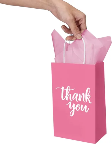 Miniatura 6 de DjinnGlory Paquete de 50 pequeñas bolsas de regalo de papel rosa con asas de 9 x 5.5 x 3.15 pulgadas y 50 papel de seda rosa para recuerdos