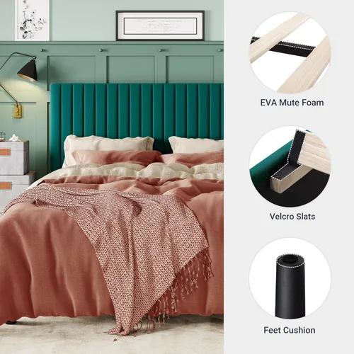 Miniatura 5 de Allewie Base de cama matrimonial, cama de plataforma tapizada de terciopelo con cabecera capitoné de canal vertical ajustable, base de colchón