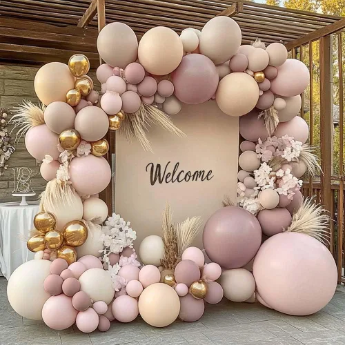 Arco de globos de color rosa claro y beige con doble relleno, color malva, color nude y blanco crema mate, kit de guirnalda de globos para baby Rosa