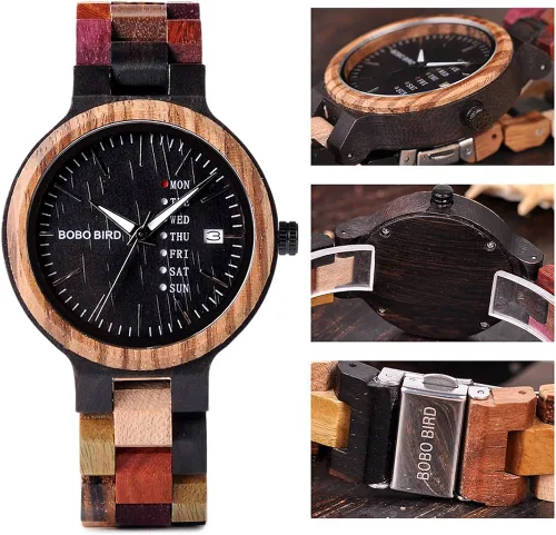 Miniatura 3 de BOBO BIRD Wood Watches Colorful Wood WristWatches Week & Date Display Multifunction Handmade Quartz Watch Sport Chronograph Unique Wristwatch for