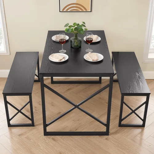Miniatura 3 de VECELO Juego de mesa de comedor de cocina de 43.3 pulgadas para 4, marco de acero resistente y mesa de grano de madera, juegos de comedor que
