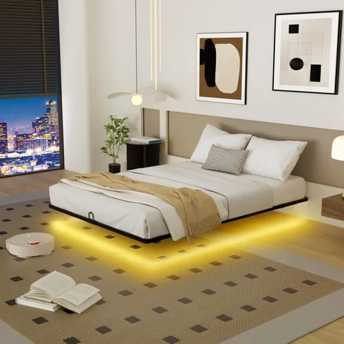 Miniatura 13 de Base de cama flotante tamaño individual, marco de cama individual con luces LED inteligentes, cama de plataforma de metal moderna y resistente