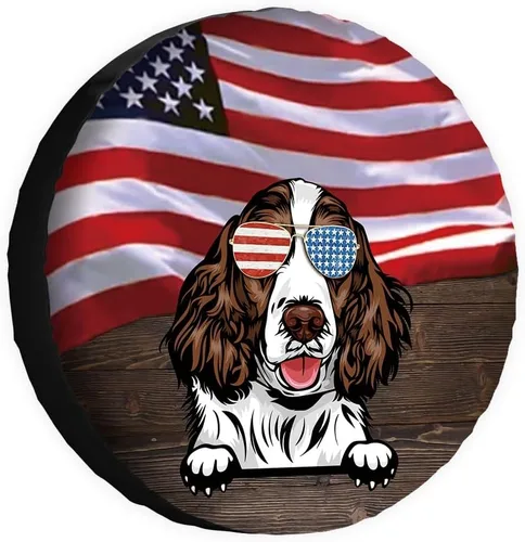 Miniatura 8 de Cubierta de neumático de repuesto para perro salchicha con gafas de sol con bandera de Estados Unidos, fundas protectoras de ruedas a prueba