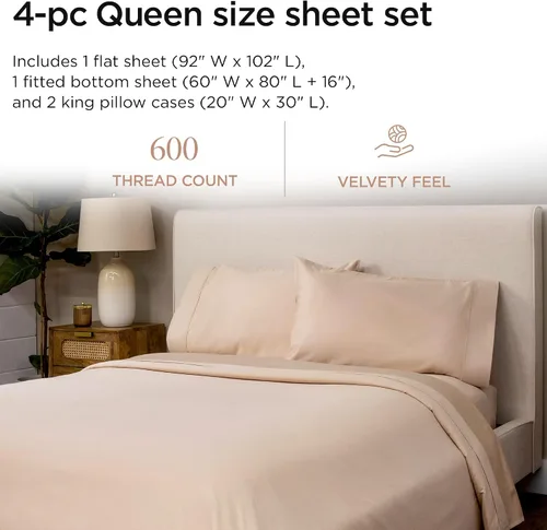 Miniatura 2 de Threadmill Sábanas de Algodón 100% para Cama Tamaño Queen - Juego de Sábanas Queen de 600 Hilos con Bolsillo Profundo de 16" - Juego de Ropa de Cama