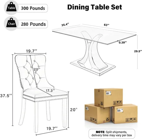Miniatura 2 de Moderno juego de comedor de cristal de lujo para 6, 63 pulgadas, juego de vajilla rectangular minimalista grande para 6, juego de mesa de cocina
