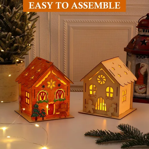 Miniatura 4 de Spiareal 24 juegos de kit de bricolaje para casa de pan de jengibre de Navidad de madera con velas sin llama LED, lápices acuarela, casas de madera