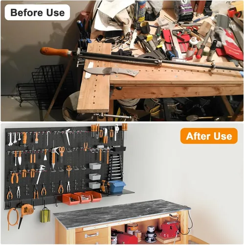 Miniatura 8 de TORACK Sistema organizador de pared de metal para garaje, 109 piezas de accesorios de tablero de clavijas, kit organizador de herramientas con cubos