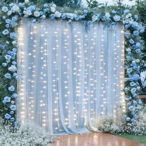 Miniatura 32 de Cortina de telón de fondo de tul negro de 10 x 10 pies con cadena de luces para fiestas, cortinas de fondo de fotos transparentes para bodas