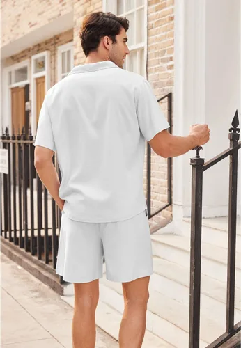 Miniatura 4 de COOFANDY Camisas de lino de manga corta con botones para hombre, conjunto corto hawaiano de playa de 2 piezas