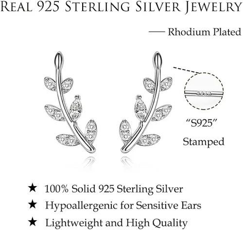 Miniatura 7 de Reffeer Aretes de plata de ley 925 con diseño de hoja de cristal para mujeres y niñas