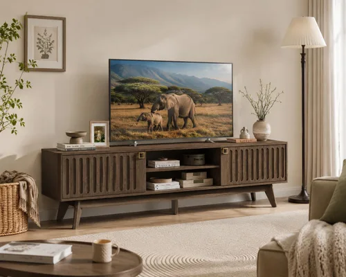 SICOTAS Soporte de TV de 70 pulgadas de largo para sala de estar, soporte de TV moderno, centro de entretenimiento con 2 gabinetes de Roble café