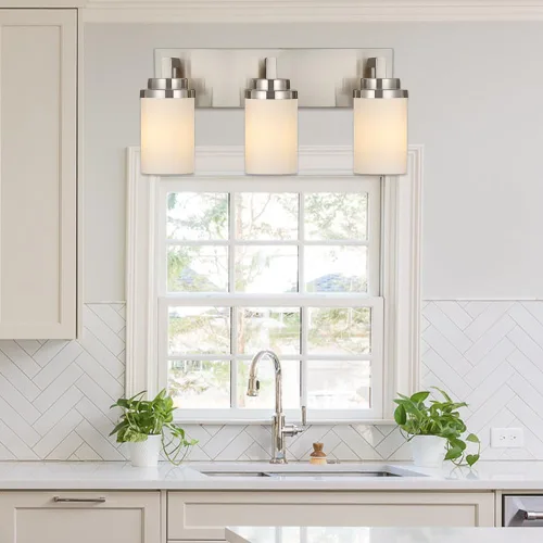Miniatura 6 de TODOLUZ Lámpara de baño de 3 luces con pantallas de vidrio blanco ópalo, iluminación moderna de baño sobre espejo de níquel cepillado para cocina