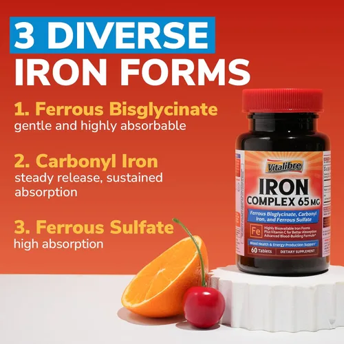 Miniatura 6 de Suplemento de hierro, 3 en 1 de 65 mg de complejo de hierro ferroso, sulfato, hierro carbonilo con vitamina C natural, píldoras de hierro amigables
