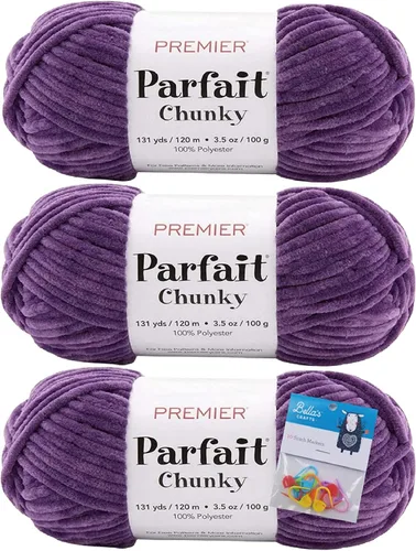 Miniatura 19 de Premier Yarns Parfait - Paquete de 3 unidades de felpilla gruesa de 3.5 onzas, peso supervoluminoso, paquete de 3 unidades con soportes para puntada