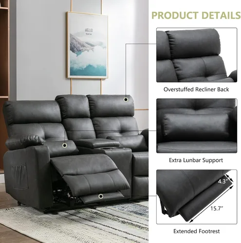 Miniatura 6 de Sofá Biplaza Reclinable Eléctrico con Consola, Sofá Biplaza Reclinable Eléctrico con Calor y Masaje, Reposapiés Extendido, Sofá Biplaza Reclinable