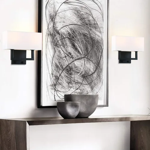 Miniatura 5 de PERMO Apliques de pared con acabado negro, doble aplique con pantallas textiles blancas y botón de encendido/apagado, lámpara de pared para sala