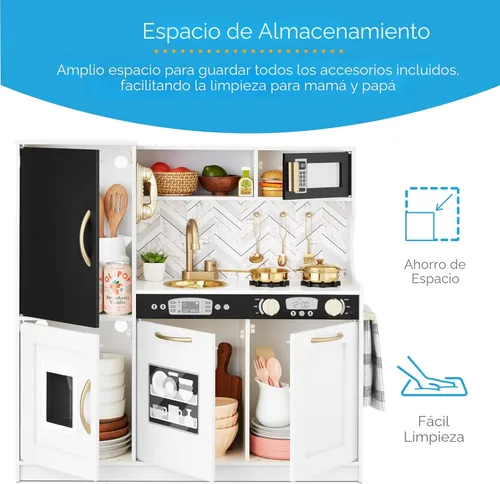 Miniatura 6 de Best Choice Products Juego de juguetes de madera de cocina para niños con diseño realista, teléfono, utensilios, horno, microondas, fregadero, bisel