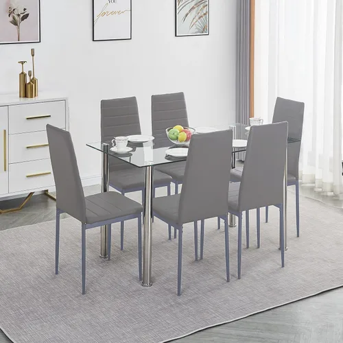 Miniatura 9 de Juego de mesa y silla de comedor de 7 piezas, juego de mesa de comedor para 6 mesas de cocina con 6 sillas, mesa rectangular de vidrio con 6 sillas