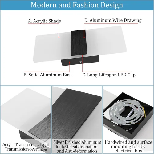 Miniatura 6 de Lightess Aplique de pared moderno regulable. Lámpara de pared de 12 W en negro, lámpara de pared interior de acrílico para dormitorio, sala