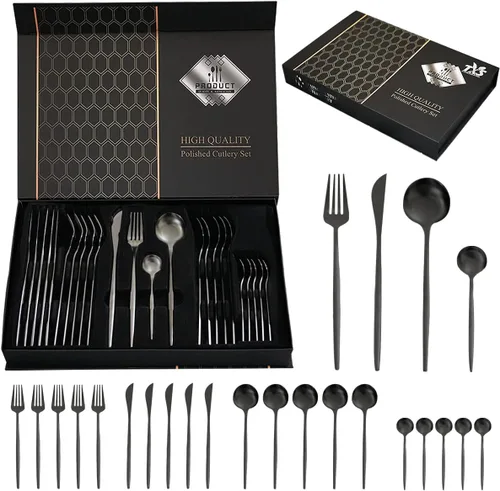 Juego de cubiertos negros de 24 piezas para 6, cubiertos negros de acero inoxidable, tenedores y cucharas, juego de vajilla de apartamento pulido