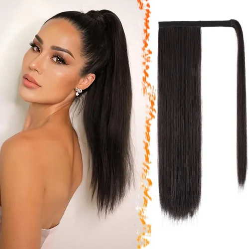 Miniatura 26 de BARSDAR Extensión de cola de caballo de 28 pulgadas largo recto envoltura alrededor del clip en pelo de fibra sintética para mujeres, negro