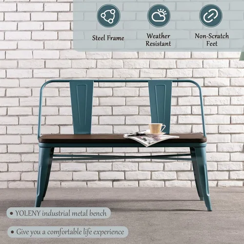 Miniatura 6 de YOLENY Banco de comedor, banco de entrada con respaldo, banco de comedor de metal de granja, banco industrial de mediados de siglo para 3 personas
