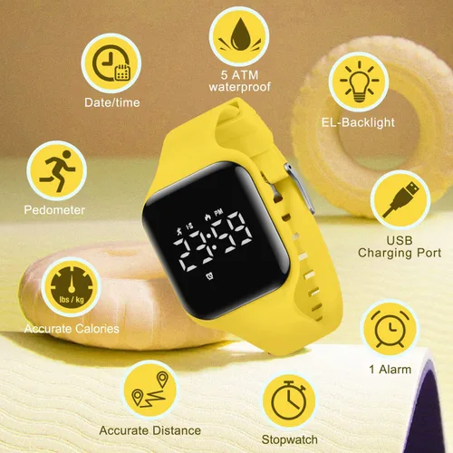 Miniatura 3 de Reloj deportivo digital para niños y niñas con contador de pasos, alarma vibratoria y despertador. Rastreador de actividad a prueba de agua, sin