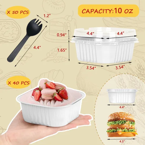 Miniatura 3 de LNYZQUS Ramequines desechables de 10 onzas con tapas, paquete de 40 moldes de aluminio para magdalenas, cuadrado de 4 x 4 pulgadas, mini molde