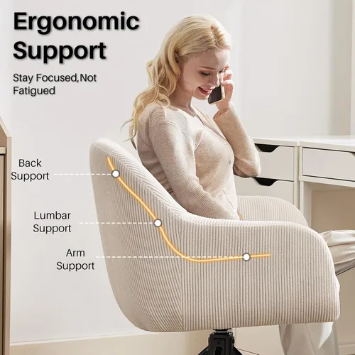 Miniatura 4 de Silla moderna de escritorio de oficina, silla giratoria de acento sin ruedas, silla tapizada de tela, silla giratoria ergonómica con brazo de Beige