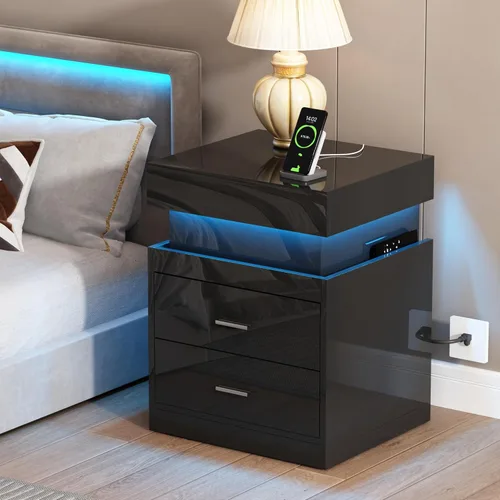 ChooChoo Mesita de noche LED con estación de carga, mesita de noche inteligente con almacenamiento superior deslizante, mesa de noche de alto brillo