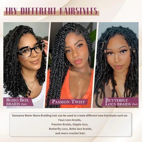 Miniatura 5 de Dansama - 7 paquetes de extensiones de cabello trenzado ondulado Passion Twist, extensiones de cabello de trenzas con ganchillo estilo mariposa, #1B
